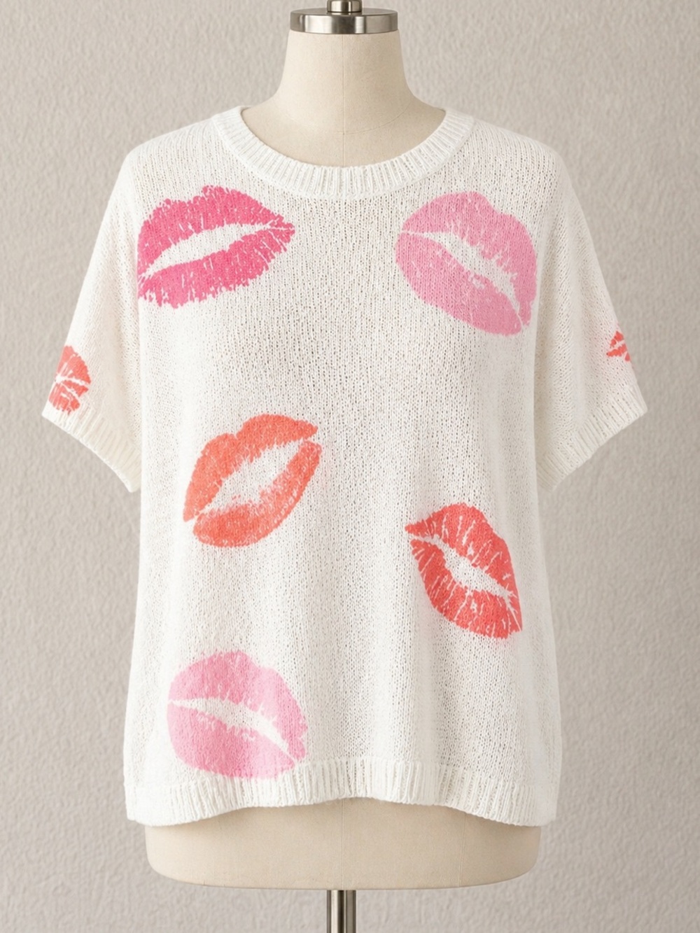 ENTRO Lip Print Lightweight Sweater L Novelty Kiss Graphic Quirky Chic Summer